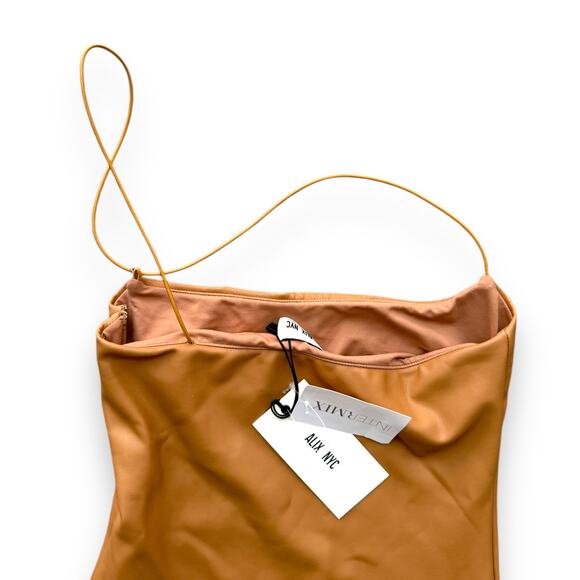 NWT Alix NYC Vegan Leather Midi Dress beige halter side slit bodycon sz XS - Picture 8 of 12
